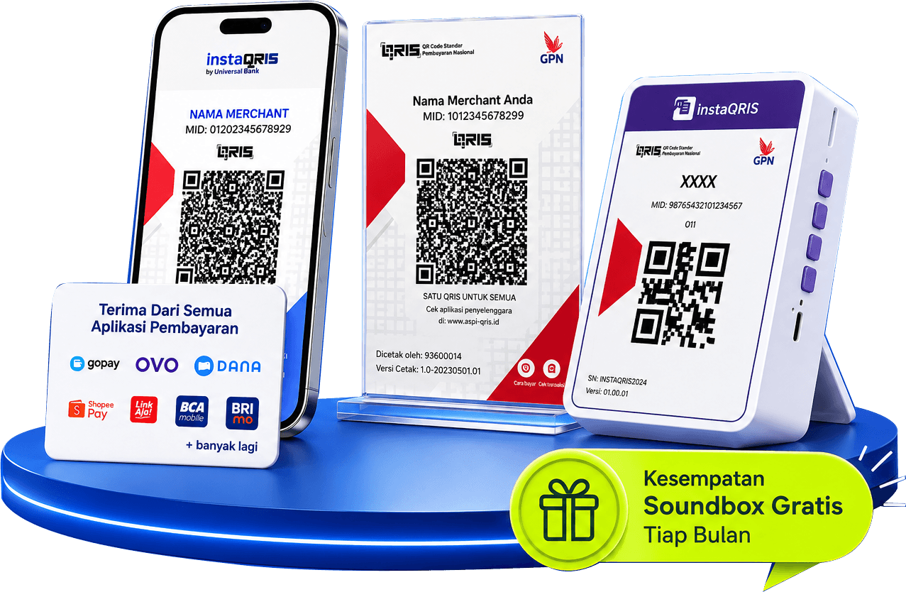 Hero banner InstaQRIS menampilkan QRIS, display QR, dan soundbox